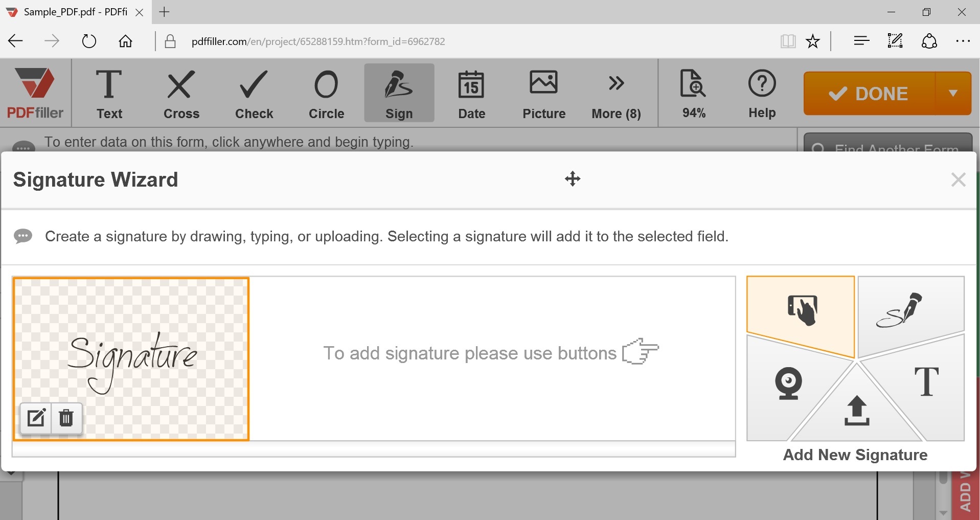 unable to add signature to pdf