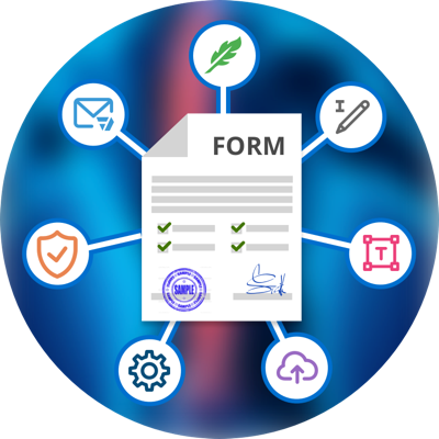 Paper form surrounded by icons which visualize all services pdffiller provides (they were described higher)