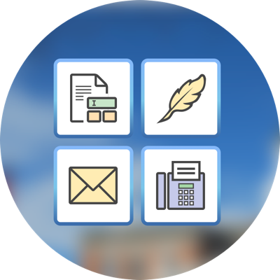 Four icons on top of blurred circle with paper form and some inputs on it in first icon, feather in second, envelope in third and fax in fourth