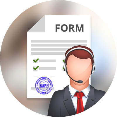 Man in headphones and business suit (typical support center guy) on top of paper form