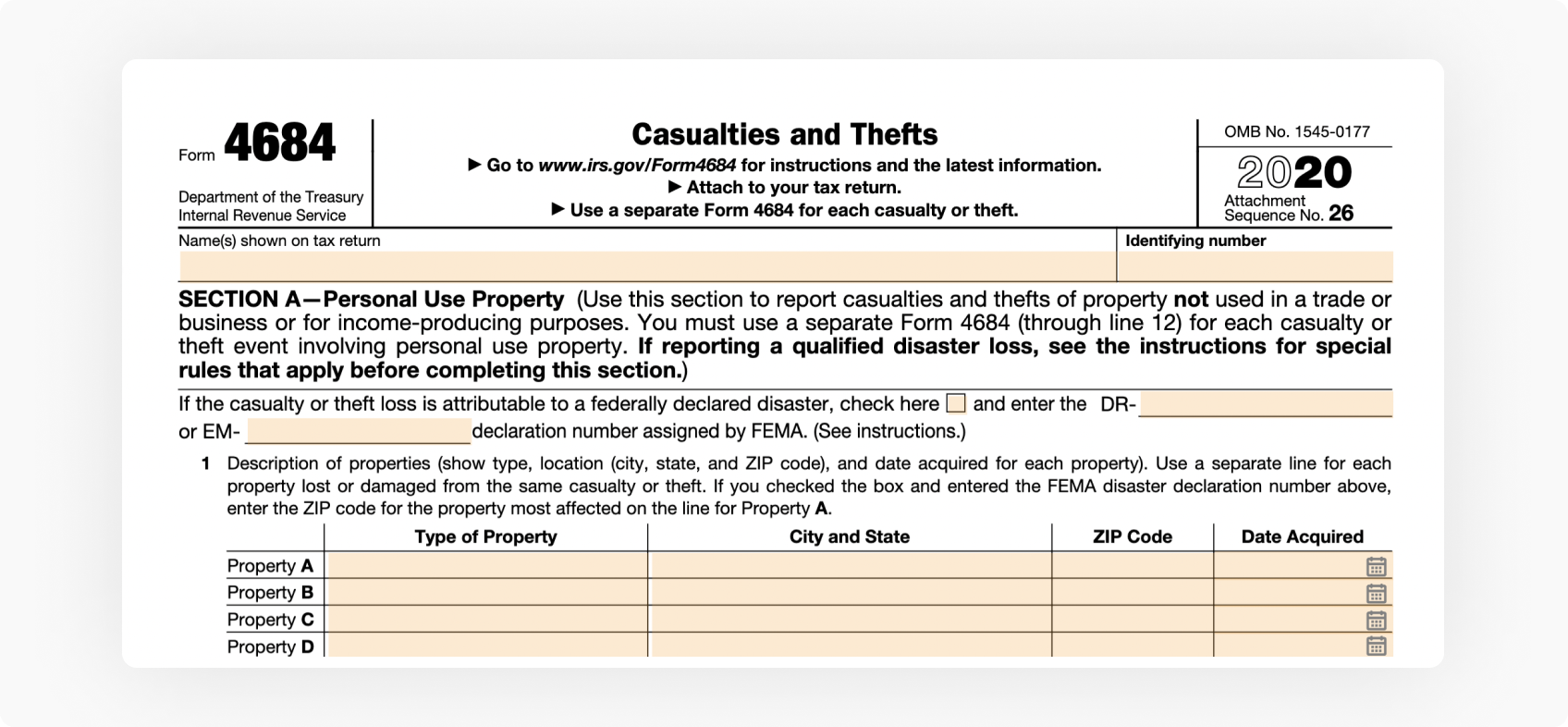 IRS form 4684 is filed to report casualties and thefts of property to the IRS