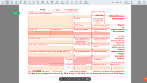 A Form 1099-MISC Copy A displayed in the pdfFiller editor. The interface shows a toolbar with options like Text, Check, Cross, Highlight, etc., letting you fill out all form fields quickly and error-free.